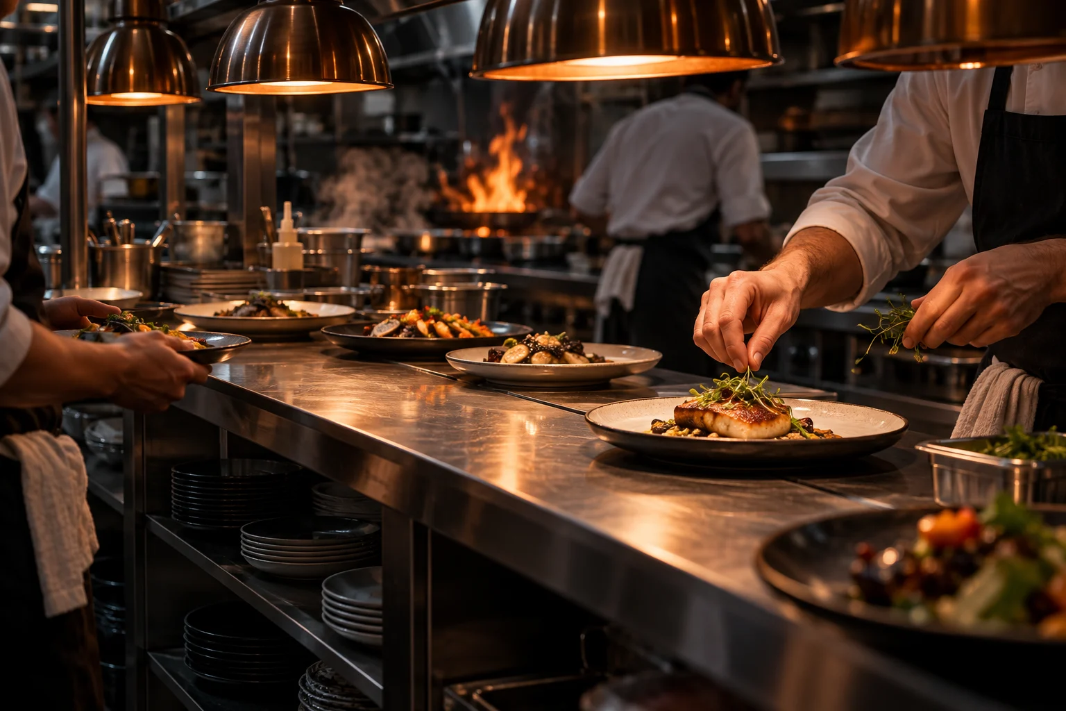 Un chef dresse les assiettes au passe d’une cuisine de restaurant