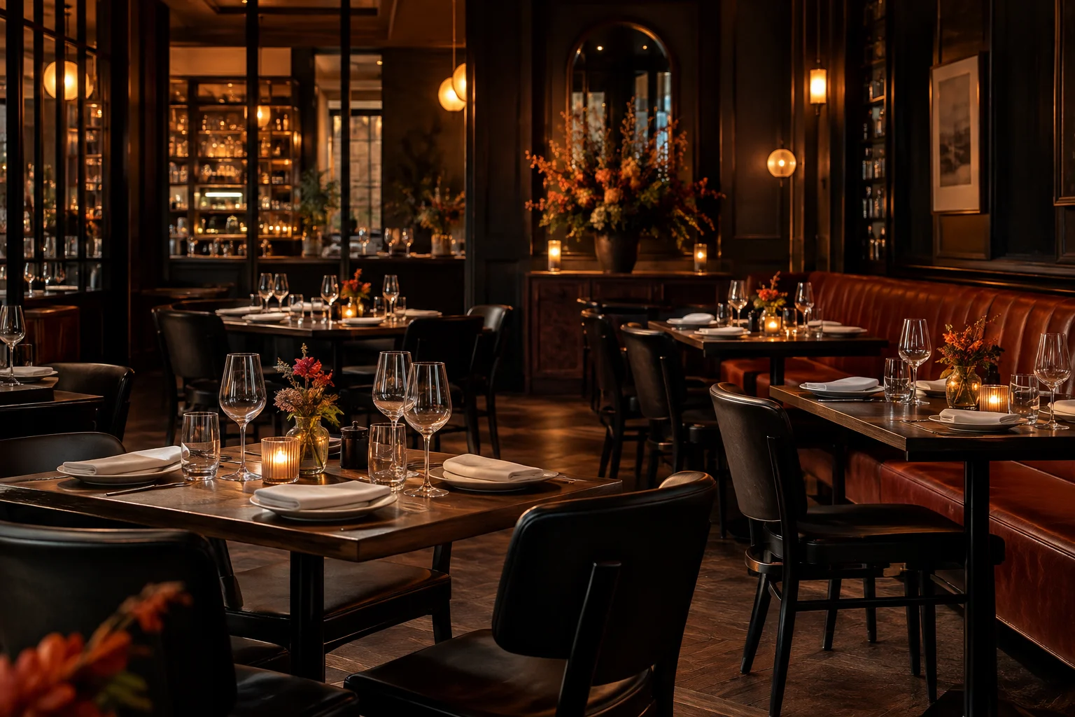 Une salle de bistrot chaleureuse, avec des tables dressées et un éclairage ambré